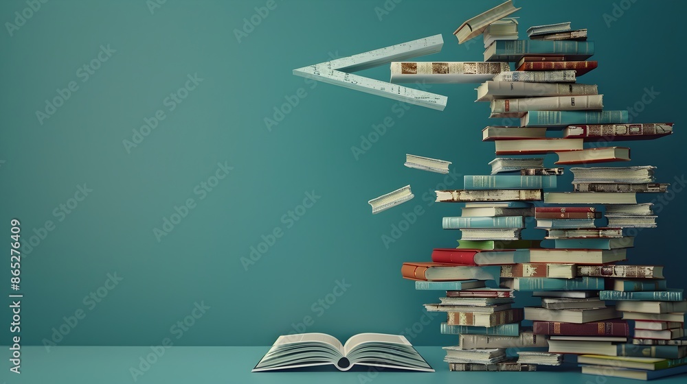 Poster stacked books arrow pointing to open book for knowledge-based business growth