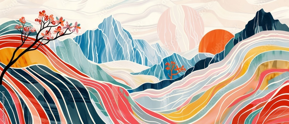 Poster an abstract banner design in japanese style with a color hand drawn line featuring a mountain landsc