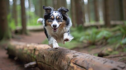 Dog jumping over a log on a forest trail