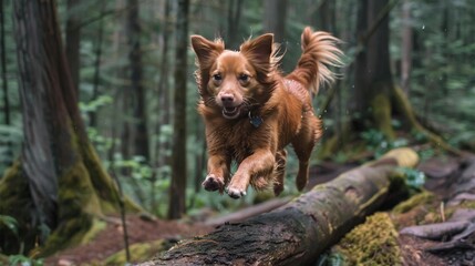 Naklejka premium Dog jumping over a log on a forest trail