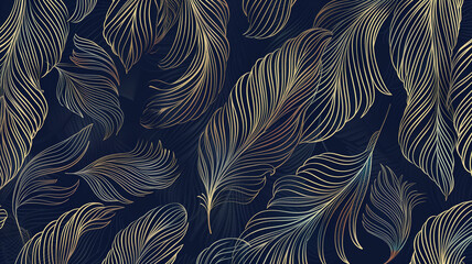 A dark navy and silver feather pattern wallpaper, with each feather outlined in delicate lines of shimmering metallic foil for a sophisticated touch. The design is reminiscent of elegant bird plumage,