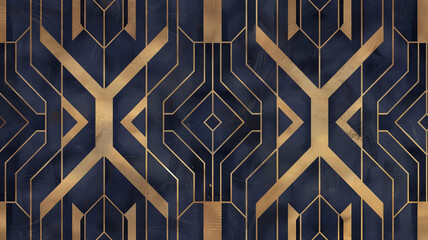 A deep navy and gold art deco pattern wallpaper, with each geometric design outlined in shimmering metallic foil for a glamorous touch.