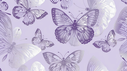 A lavender and silver butterfly pattern wallpaper, with each butterfly outlined in shimmering metallic foil for an enchanting touch. The design features fluttering butterflies, 