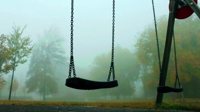 video of an empty swing with a background of trees shrouded in mist
