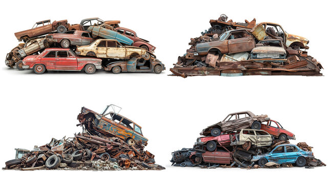 side view on set of junkyard dump piles with cars and metal scrap on white background