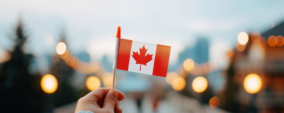 Hand with canada flag on the background of the city. National symbol. Red maple leaf. Patriotic sign. Canada Day, national holiday. Poster, banner