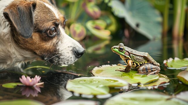Dog looking curiously at a frog by a pond