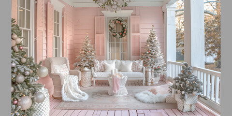 Fototapeta premium Pretty pastel sofa lounge outdoor living veranda porch Christmas tree decor sunroom exterior pink white luxury country chic farmhouse patio cozy cottagecore house retro vintage kitsch veranda deck 