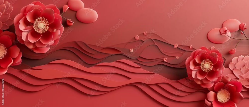 Aufkleber geometric line with japanese pattern modern. a peony flower and a wavy object on an abstract orienta