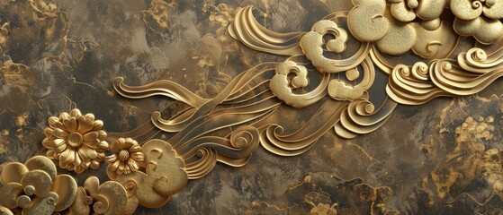 Background with gold texture modern. Peony flower, wave chinese clouds in a vintage style. Abstract logo design design and icon.