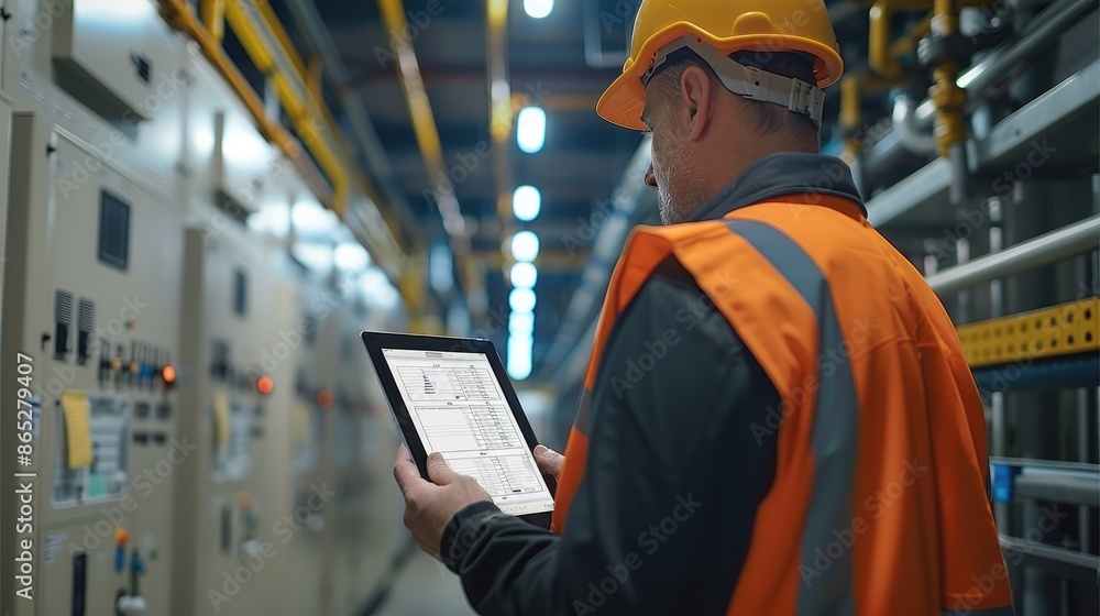 Aufkleber A technician looking at a checklist of instructions on an tablet while on a site survey. in the background is access control and cctv security cameras and low voltage patch panels. Generative AI.