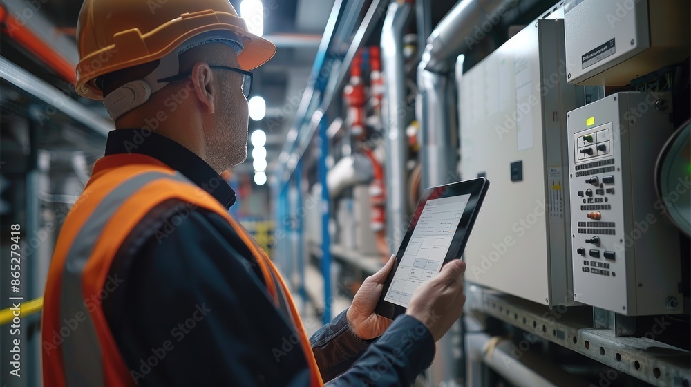 Fototapete a technician looking at a checklist of instructions on an tablet while on a site survey. in the back