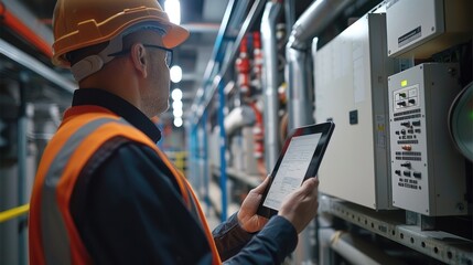 A technician looking at a checklist of instructions on an tablet while on a site survey. in the background is access control and cctv security cameras and low voltage patch panels. Generative AI.