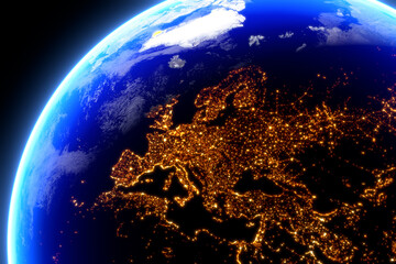 Earth planet on blue night sky with stars. City lights on dark side of the planet. Elements of this image furnished by NASA. 3D rendering.