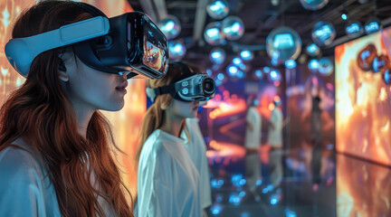 Obraz premium Many beautiful women with VR equipment are intoxicated to see the exhibition, the high-definition screen is fascinating. Generative AI.