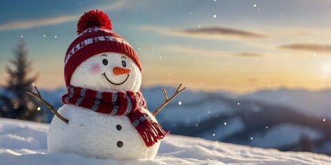 Obraz premium Winter holiday Christmas poster - close-up of a cute snowman wearing a fur hat and scarf in a snowy scene with bokeh lights, illuminated by the sun. Generative AI
