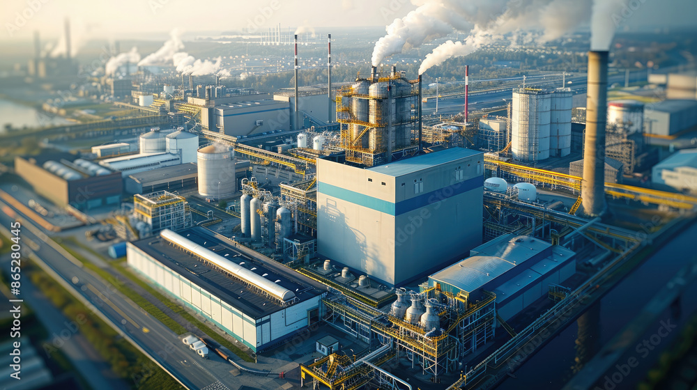 Poster a large modern waste disposal factory with smoking pipes, top view. generative ai.