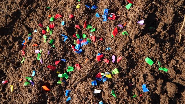Microplastic pollution. Microplastics in ground. Soil contaminated with microplastics. Plastic waste in soil, earth. Environmental, groundwater disaster. Plastic waste in ground at agricultural field.