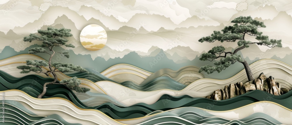 Aufkleber a contemporary design with an abstract landscape based on a japanese wave pattern modern. the design
