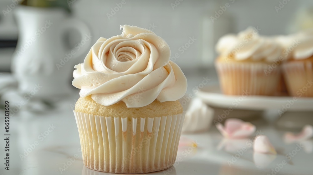 Sticker Cupcake adorned with whipped cream rose with cupcakes in the background