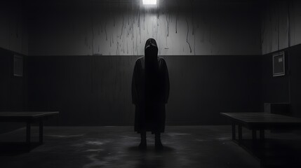 A man in a suit hoodie stands alone, illuminated by two wall lamps. The room is dark and foggy. Generative AI