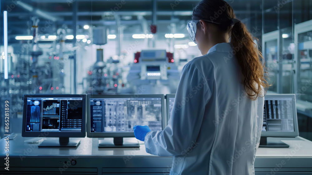 Poster female scientist analyzing data on computer screens in a high-tech laboratory. research and developm