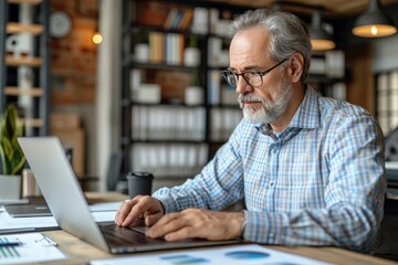 Fototapeta premium Senior Businessman Working on Laptop in Modern Office