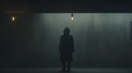 Obraz premium A man in a suit hoodie stands alone, illuminated by two wall lamps. The room is dark and foggy. Generative AI