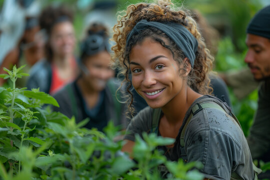 A diverse group of people engaging in sustainable living activities: using reusable products, gardening, recycling, and participating in environmental conservation. Generative AI. - Powered by Adobe