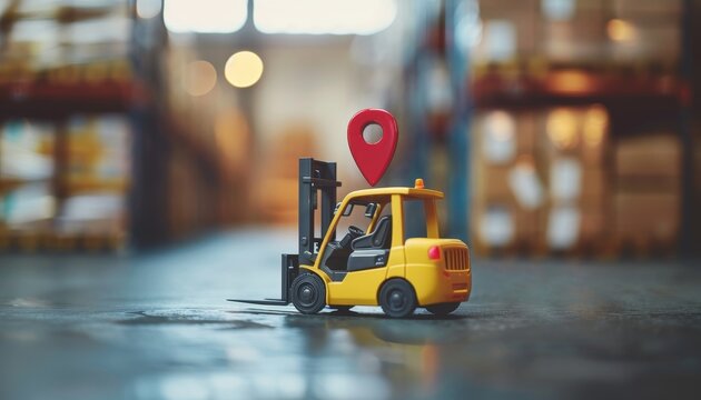 A yellow forklift with a red pointer aids transportation services and logistics as well as warehouse management It enables real time tracking of deliveries goo