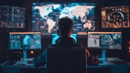 Military operator transmitting gps coordinates of hostile ships to national guard, providing real time data from surveillance CCTV system. Army officer works in power base control center.