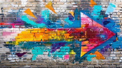 Obraz premium Vibrant 3D Arrow Painting on Brick Wall Symbolizing Creative Business Expansion