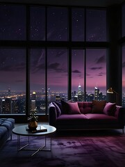 A luxurious penthouse suite with floor-to-ceiling window.