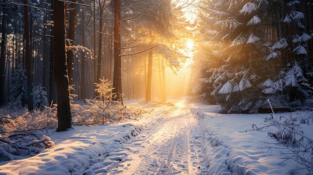 A serene winter forest scene with a snow-covered path illuminated by the golden light of sunrise, creating a magical atmosphere.