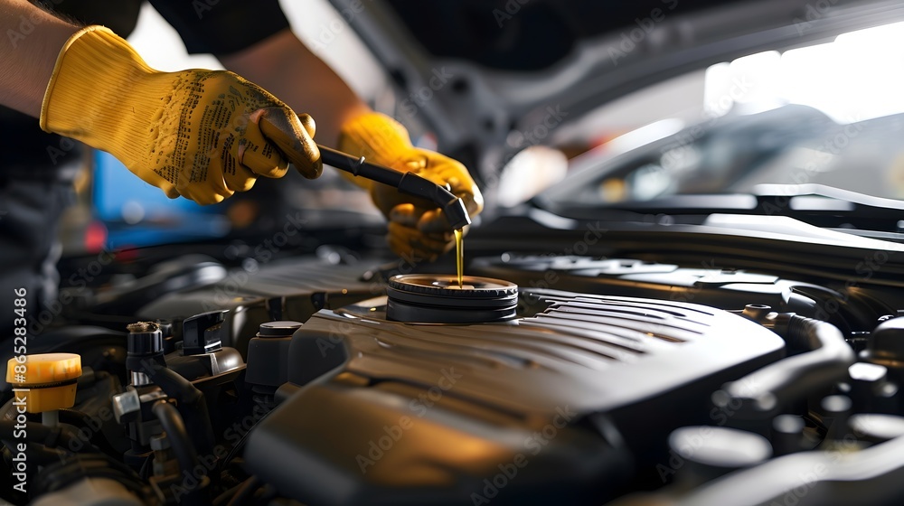 Poster mechanic checking engine oil level with dipstick for routine maintenance