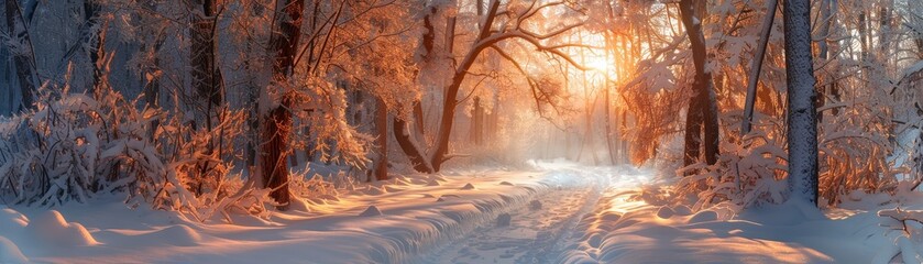 Naklejka premium A serene winter forest scene with a snow-covered path and sunlight streaming through the trees at sunrise, creating a magical atmosphere.