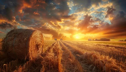 Fototapeten Autumn rural landscape with haystacks cloudy sky and golden wheat harvest during a scenic sunset or sunrise © LimeSky