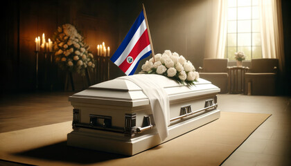 Respect and remembrance: white roses adorn a coffin draped with the Costa Rica flag, a poignant scene of mourning and patriotism