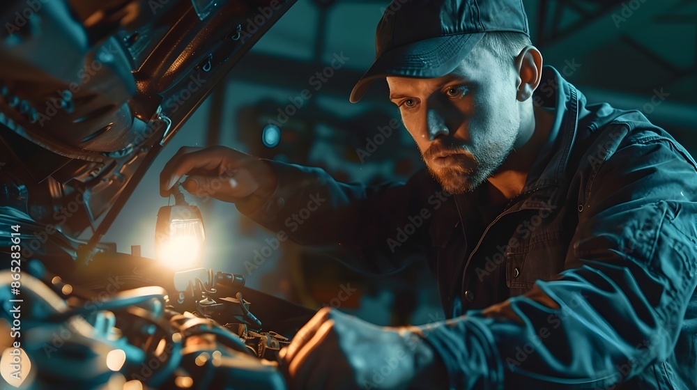 Poster skilled mechanic thoroughly inspecting engine components with flashlight