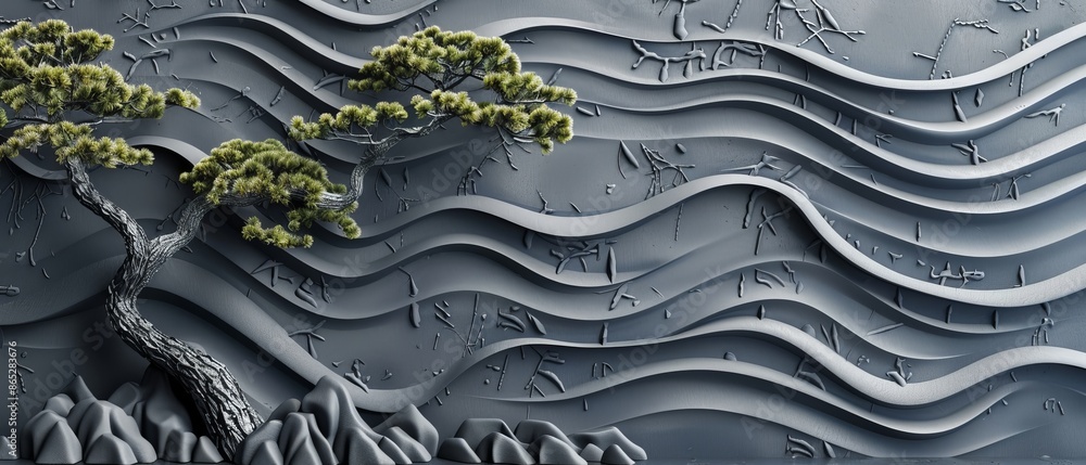 Poster with a curve background and tree elements, this japanese template has a geometric pattern modern.