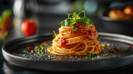 Spaghetti bolognese. Appetizing spaghetti rolled on fork with typical Italian sauce. Spaghetti pasta with tomatoes and herbs in black bowl with fork