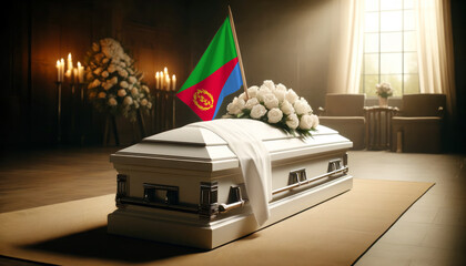 Respect and remembrance: white roses adorn a coffin draped with the Eritrea flag, a poignant scene of mourning and patriotism
