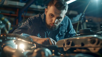 Mechanic with Flashlight Thoroughly Inspecting Engine Components for Automotive Repair