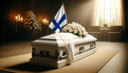 Respect and remembrance: white roses adorn a coffin draped with the Finland flag, a poignant scene of mourning and patriotism