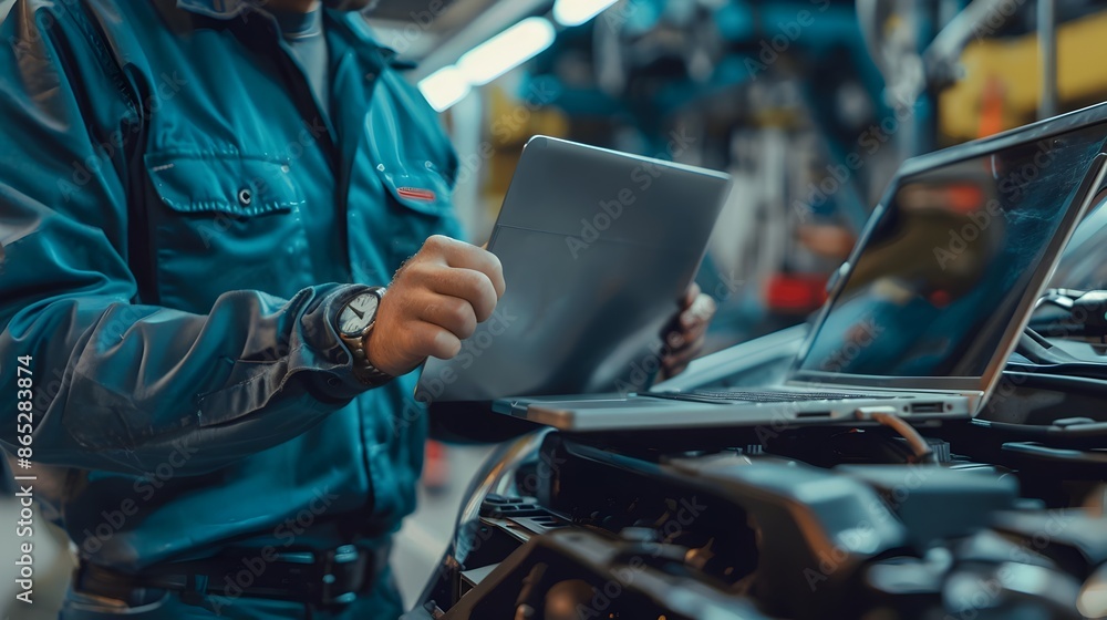 Poster mechanic utilizing laptop for performing advanced engine diagnostics and maintenance