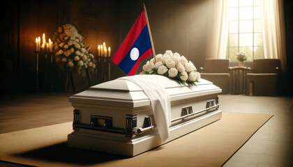 Respect and remembrance: white roses adorn a coffin draped with the Laos flag, a poignant scene of mourning and patriotism