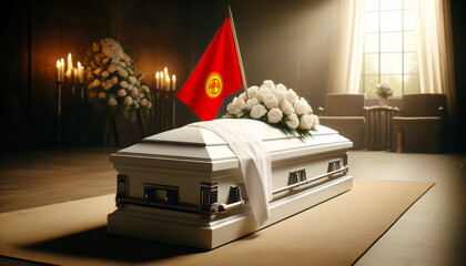 Respect and remembrance: white roses adorn a coffin draped with the Kyrgyzstan flag, a poignant scene of mourning and patriotism