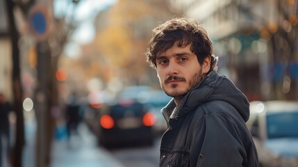 Fototapeta premium a man standing on a street corner with a beard and a jacket on