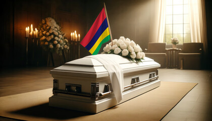 Respect and remembrance: white roses adorn a coffin draped with the Mauritius flag, a poignant scene of mourning and patriotism