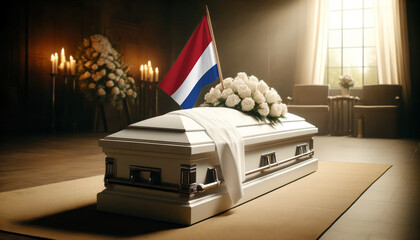 Respect and remembrance: white roses adorn a coffin draped with the Netherlands flag, a poignant scene of mourning and patriotism